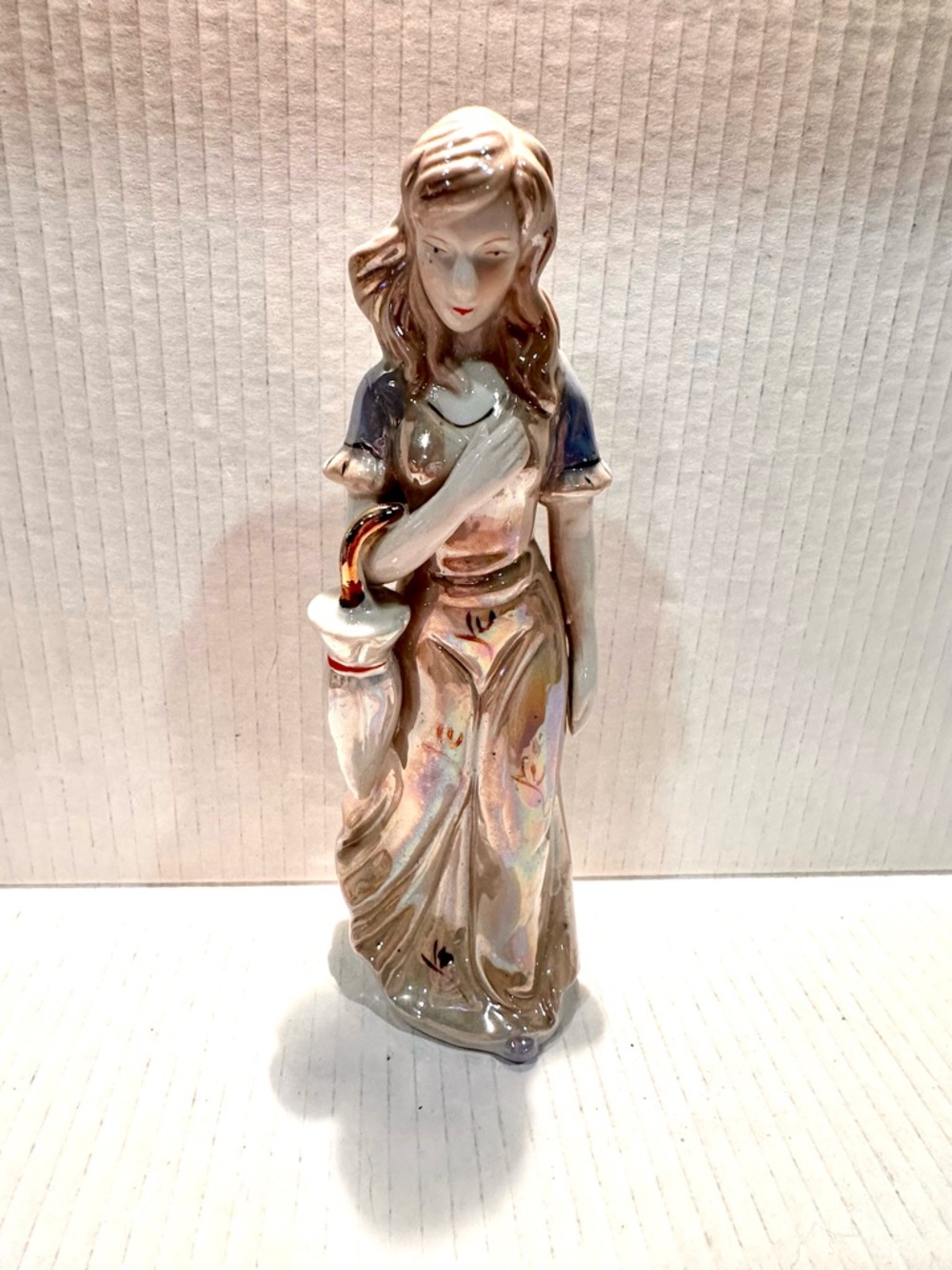 Porcelain Lady Figurine with Umbrella - Iridescent White and Blue